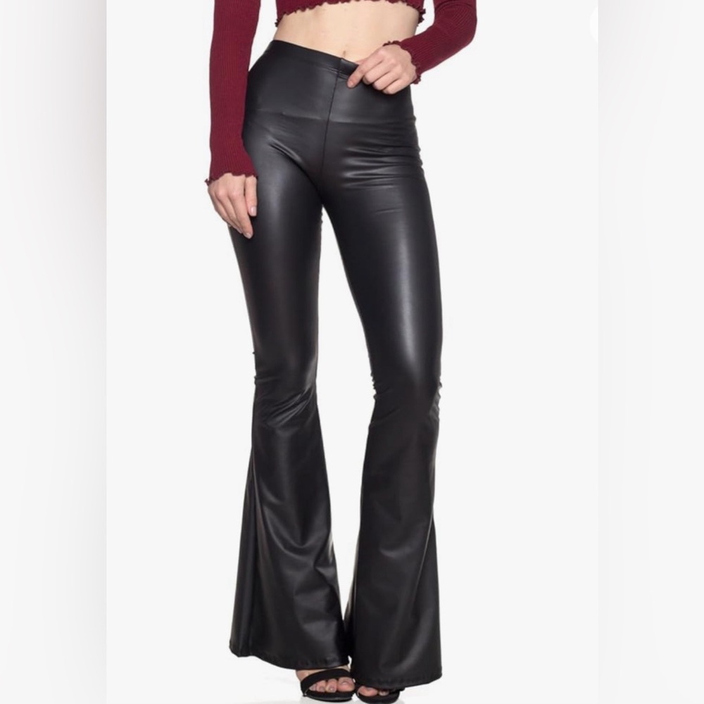 Ellie & Kate Women’s Black Faux Leather Pull On Flare Pants Size Large